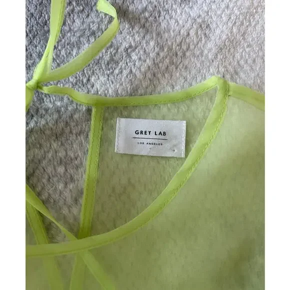 Grey Lab Sheer Neon Green Long Sleeve Keyhole Back Tie Closure Blouse Size Large - Picture 10 of 10